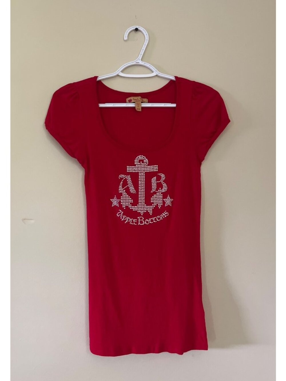 Apple Bottoms Womens Medium Red Cap Sleeve T-Shirt Rhinestone Anchor Logo